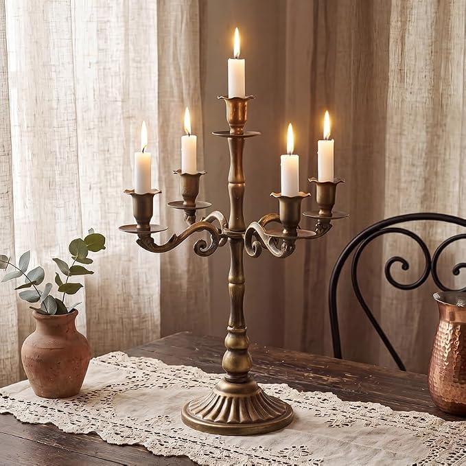 5-Light Metal Floral Candelabra Vintage Bronze Candle Holders Set of 2 for Taper Candles Ornate Antique Farmhouse Brass Candlesticks Centerpiece for Wedding Outdoor Dining Party Mantel Decor