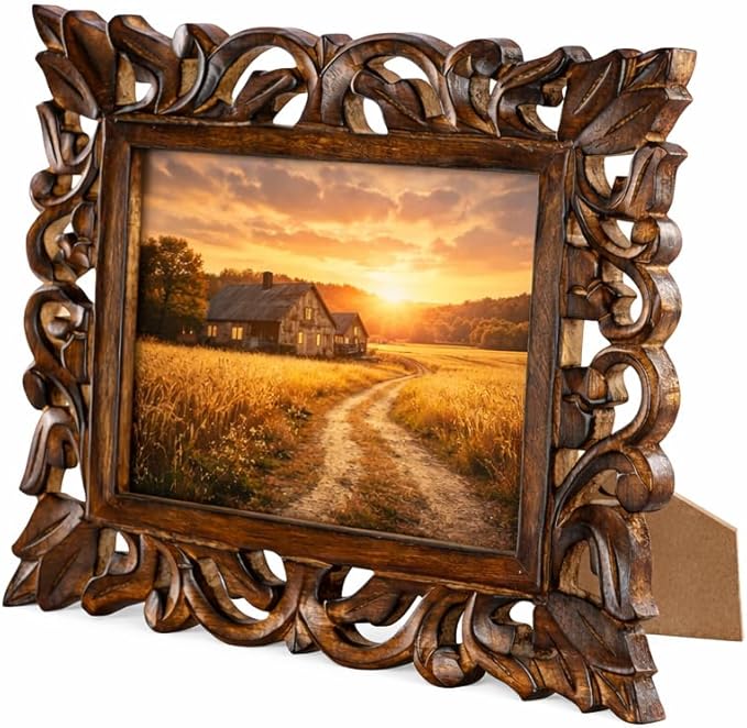 Hand Carved Mango Wood Rustic 5x7 Picture Frame with Real Glass - Aesthetic Vintage Wood Frame for Tabletop and Wall Mount Use - Rustic Home Decor Perfect for Your Memories