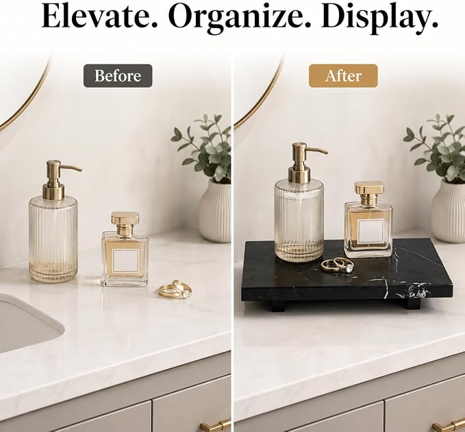 Small Black Marble Soap Dispenser Pedestal Tray 9.84 in | Stone Pedestal Tray for Bathroom Counter, Vanity Riser for Perfume, Jewelry, Candles and Dresser Decor
