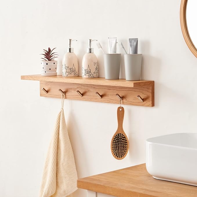 Coat Rack Shelf Wall Mounted Oak Wood Entryway Shelf with 6 Hooks Wall Coat Hook Rack with Floating Shelf for Bedroom, Living Room, Kitchen (Natural, 27.5 inch)