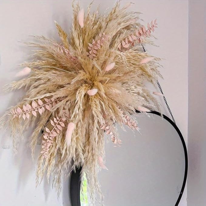 Natural Dried Flower Wall Hanging, 35 Inch DIY Boho Pampas Grass with Pink Bunny Tails and Palm Leaves for Wedding Arch and Wall Decor