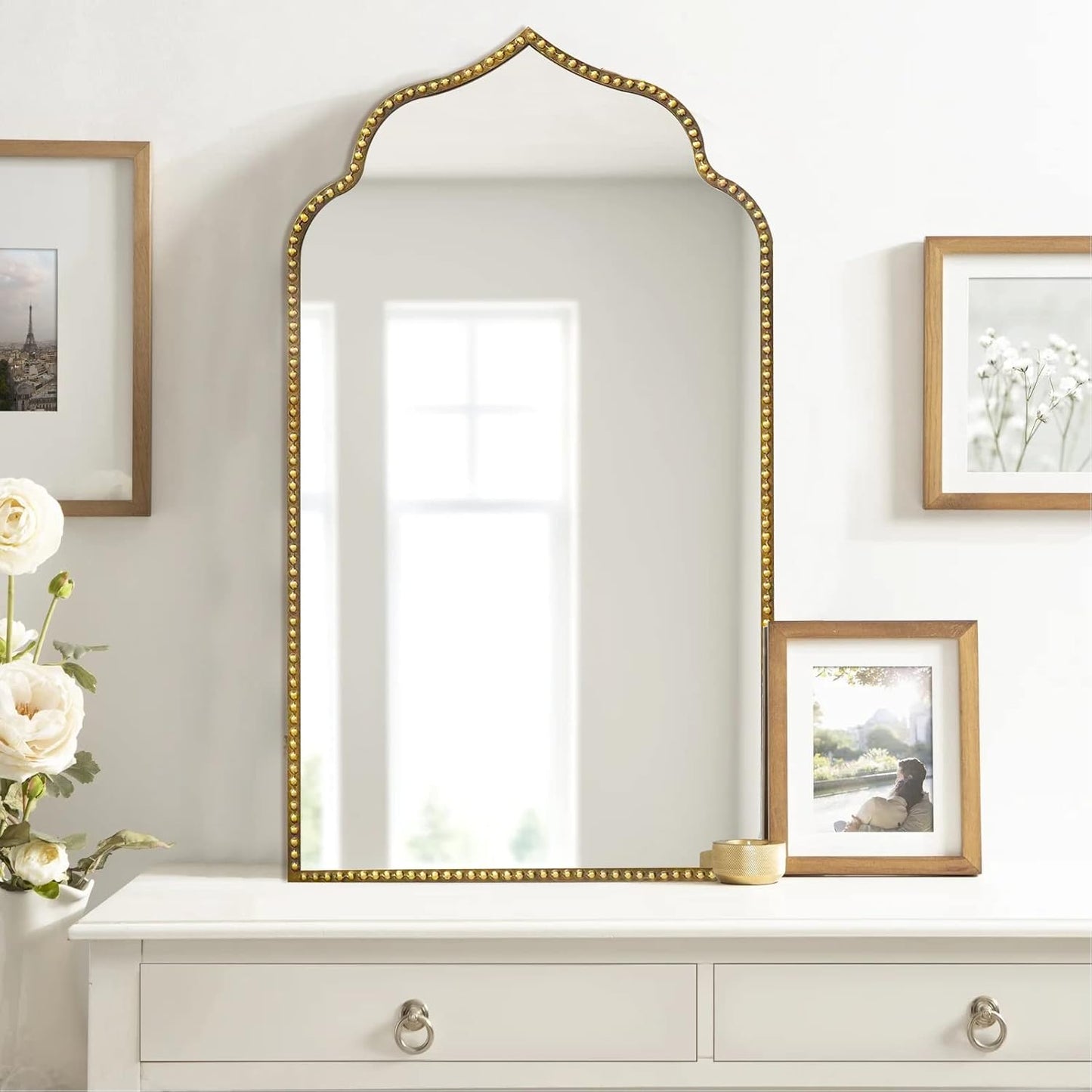 Arch Wall Mirror, 22" W x 38" H Metal Marlowe Beaded Frame Accent Mirror, Large Modern Vintage Gold