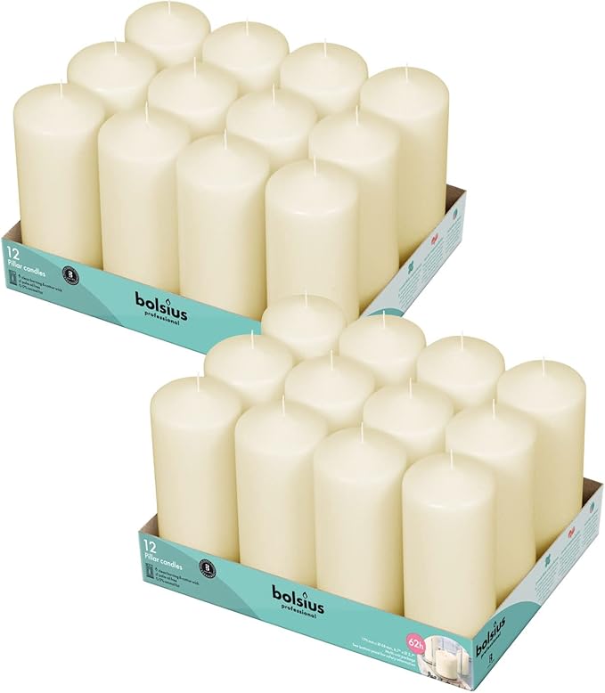 BOLSIUS Ivory Pillar Candles - 2.7 x 6.7 Inches - 2 Packs = Total 24 Candles - 62+ Hours - Premium European Quality - Consistent Smokeless Flame - Unscented Dripless Pillars