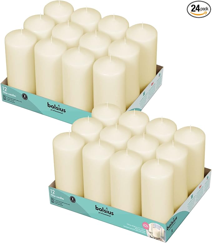 BOLSIUS Ivory Pillar Candles - 2.7 x 6.7 Inches - 2 Packs = Total 24 Candles - 62+ Hours - Premium European Quality - Consistent Smokeless Flame - Unscented Dripless Pillars