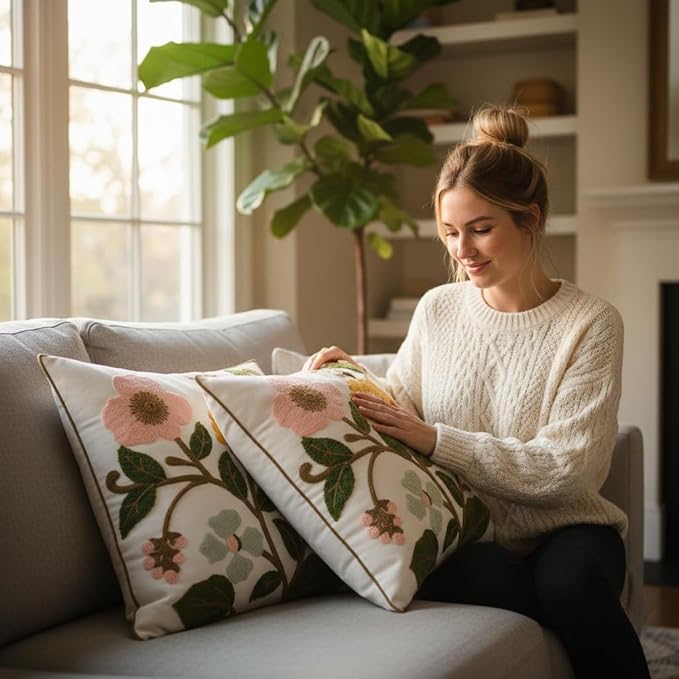 Spring Pillow Covers 18x18 Set of 2 Embroidery Throw Pillow Covers Yellow and Pink Flowers with Green Leaves Farmhouse Pillow Cushion Case Summer Foral Decorative Farm Pillowcases