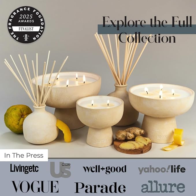 Blueme Happiness Candle | Yuzu & Ginger | 4 Wick - Refillable Wellness Candle with Essential Oils, Hand Finished & Poured Soy Wax Blend Ceramic Vessel, Natural Cotton Wicks | Large 24 oz