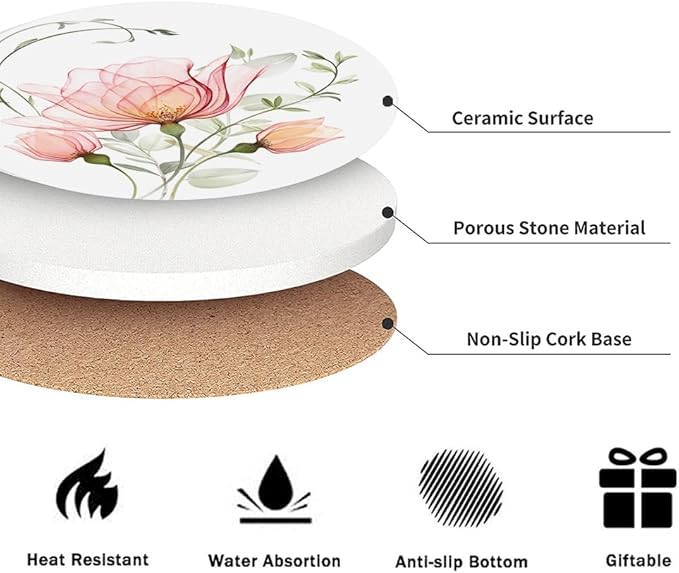 Drink Coasters for Drinks Set of 6, Watercolor X-ray Roses and Eucalyptus Absorbent Round Ceramic Stone Mat Coaster, with Cork Base and Metal Holder, Home Bar Decor House Warming Gift