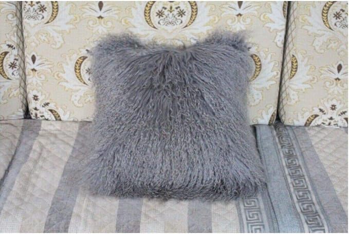 Mongolian Lamb Fur Throw Pillow Cover (16'' x 16'', Gray) Real Fur Decorative Cushion Cover Pillow Case for Living Room Bedroom
