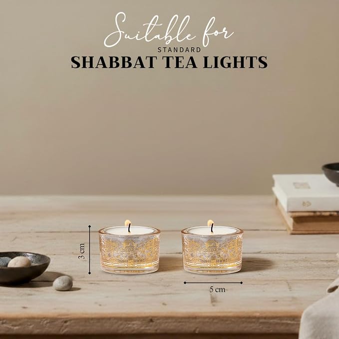 SURI Jerusalem Design Glass Shabbat Tea Light Candle Holder Set of 2 – Modern Judaica Home Décor