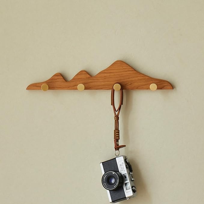 Elegant Wall Coat Rack with Hooks Cherry Wood Solid Coat Hanger Wall Mount with 4 Brass Hooks, Moisture-Resistant Wax Oil Finish for Home (Cherry, 4 Hooks)