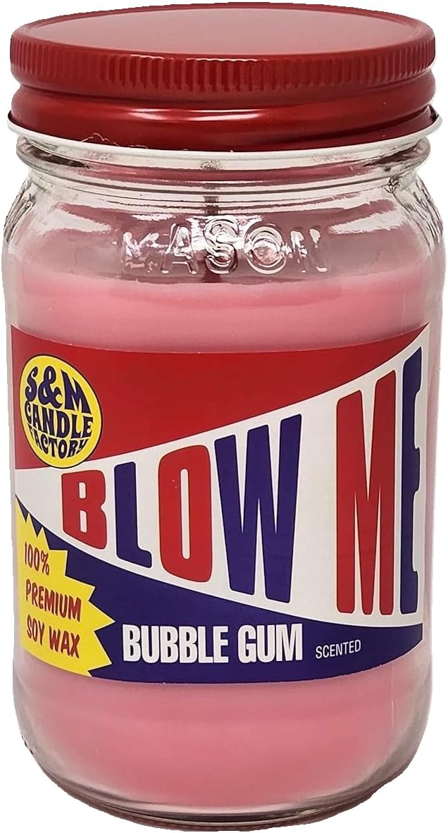 Blow Me Candle ~ Bubble Gum 16 Ounce Scented Soy Candle by S&M Candle Factory ~ Mason Jar Scented Soy Wax Funny Candle ~ 100 Hour Burn Time