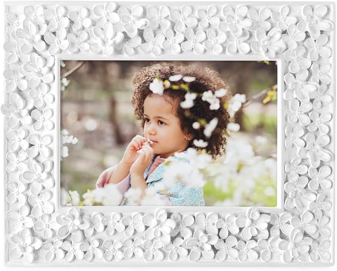Isaac Jacobs 4x6 White Flower Textured Hand-Crafted Resin Picture Frame w/Easel & Hook for Tabletop & Wall Display, Decorative Floral Design Home Décor, Photo Gallery, Art (4x6, White)