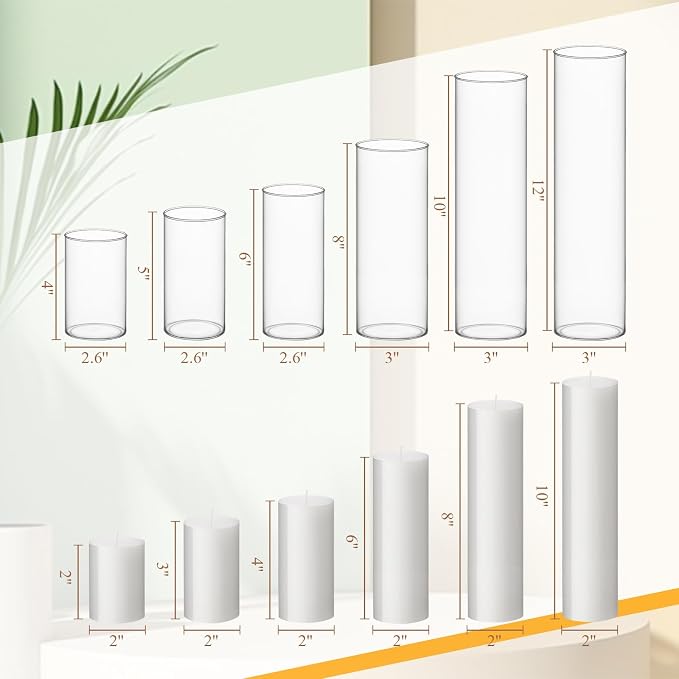 Shihanee Set of 6 Pillar Candles and Glass Cylinder Vases Assorted Sizes Cylinder Holders for Pillar Candles Home Table Centerpieces Wedding Party Decorations (White)