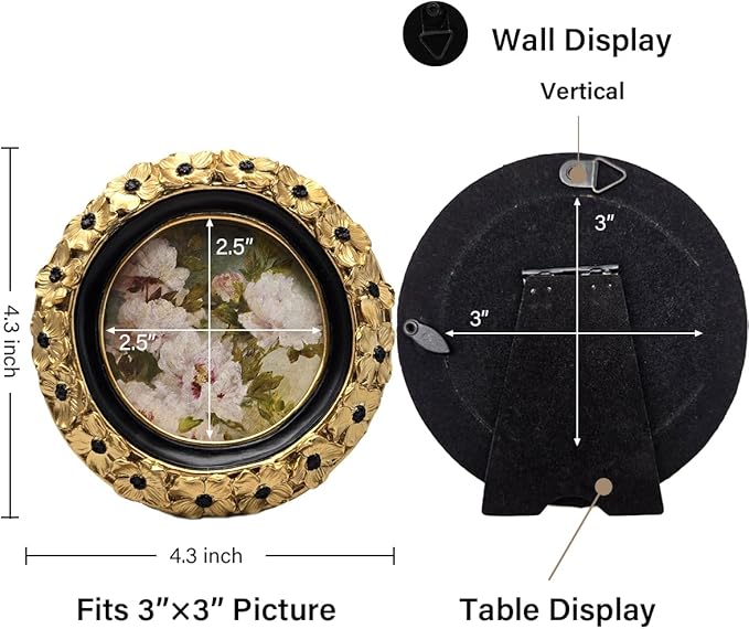 SYLVIA'S SHOP 3x3 Small Vintage Round Picture Frame, Mini Antique Gold Ornate Circle Photo Frame, for Tabletop and Wall Display, Decorative Floral Design Retro Home Decor, Photo Gallery Art