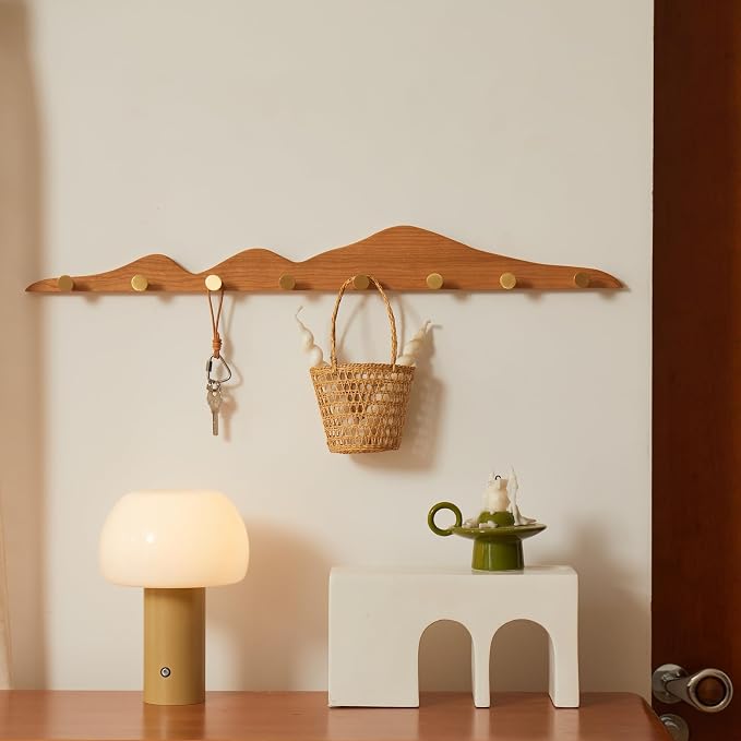 Elegant Wall Coat Rack with Hooks Cherry Wood Solid Coat Hanger Wall Mount with 8 Brass Hooks, Moisture-Resistant Wax Oil Finish for Home (Cherry, 8 Hooks)
