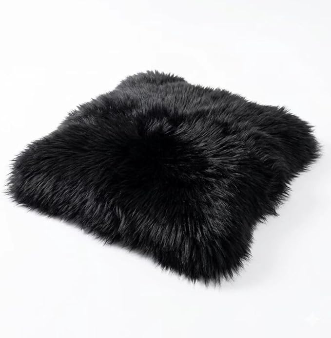 Sheepskin Chair Cushion Non-Slip Back Square Genuine Fur Chair Cover Silky Natural Wool Seat Cushion Pad Soft Area Rugs Carpet for Home Office Restaurant Chair 18x18 Inch (Pack of 1), Inky Black