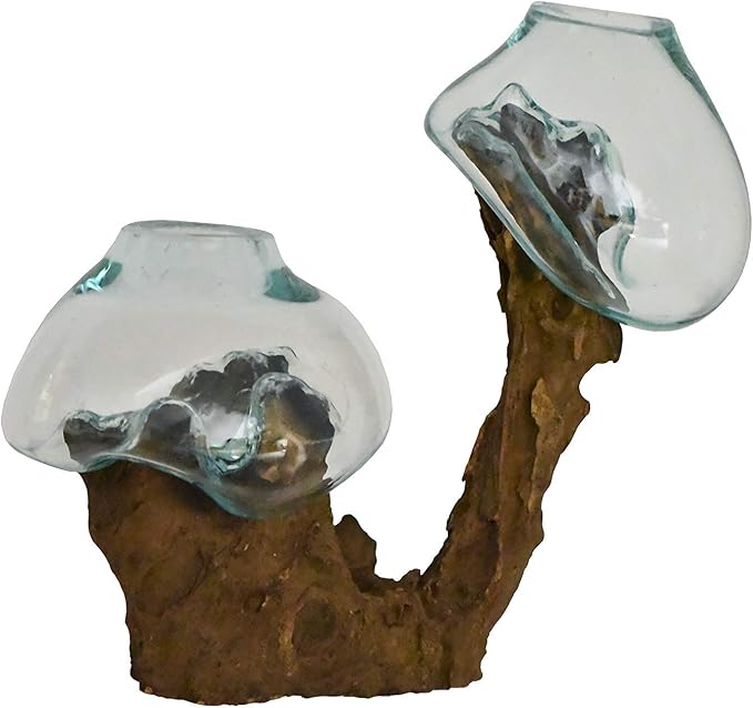 Cohasset Molten Glass | #647-30D | Double Molten Glass & Wood Sculpture | Terrarium | Fairy Garden | Approximately 12" Tall | Natural Wood and Recycled Glass |