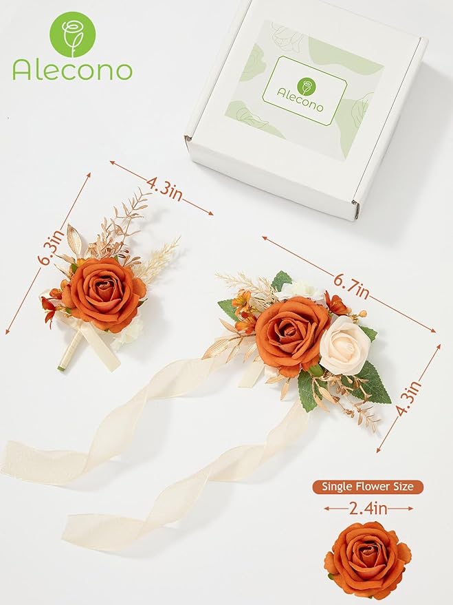 Alecono Orange Corsage and Boutonniere Set, Rose Corsage Wristlet for Women and Boutonniere for Men Wedding Prom Flower Accessories Suit Decorations