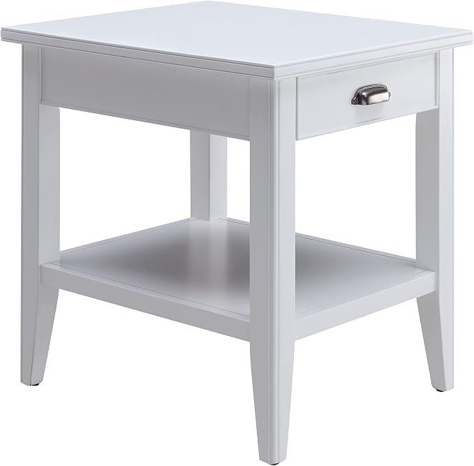 Leick Home Laurent 20 in. Solid Wood End Table with Shelf and Drawer, White, 10507-WT