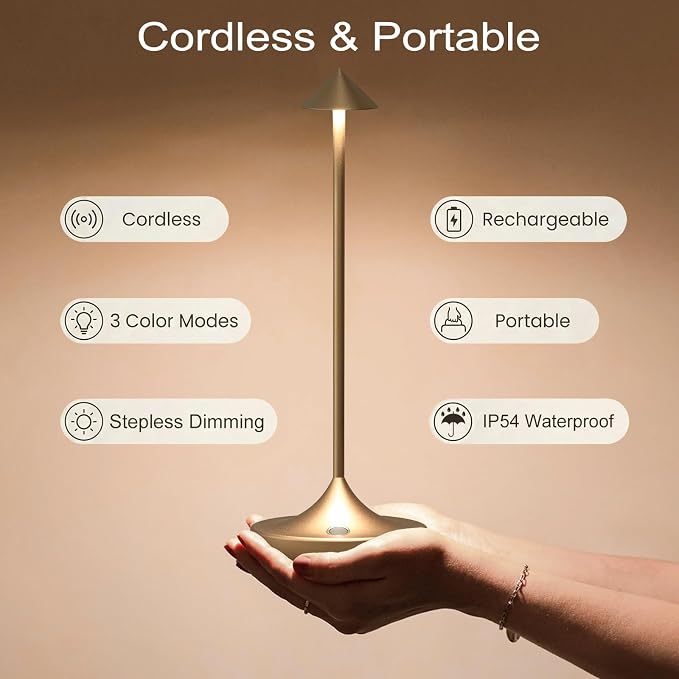 Rechargeable Cordless Table Lamp, Battery Operated LED Lamps | 3-Color Stepless Dimmable, Portable IP54 Waterproof Outdoor Lamps for Patio Dining Bar Home Office (2-Pack Titanium)