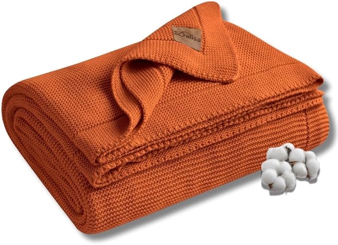 Dalisa 100% Organic Turkish Cotton Throw Blanket, GOTS Certified Cotton Blanket for Couch, Bed & Home Décor, Vintage Knit Design, Harvest Pumpkin, 80 x 90 in