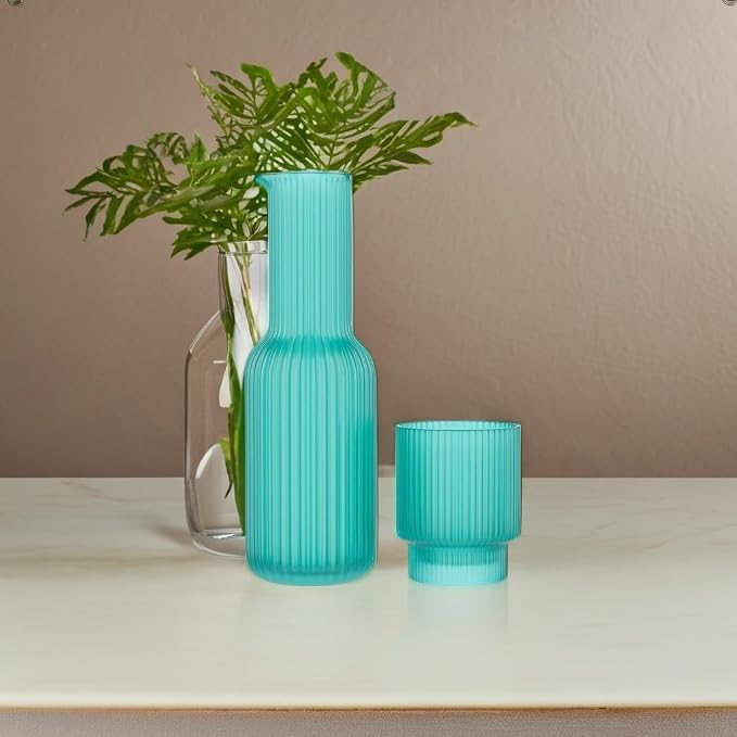 American Atelier 30 oz Ribbed Glass Water Carafe Set with Tumbler, Set of 2 – 10" Easy Pour Spout, Cup for Office, Kitchen & Bedside Use, Stylish and Functional Drinkware (Aqua Blue)