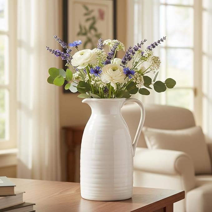 hjn Farmhouse Pitcher Vase for Flowers- Ceramic Pitcher White Flower Vase for Your Kitchen/Home Decor/Office/Living Room/Bookshelf/Mantel/-White
