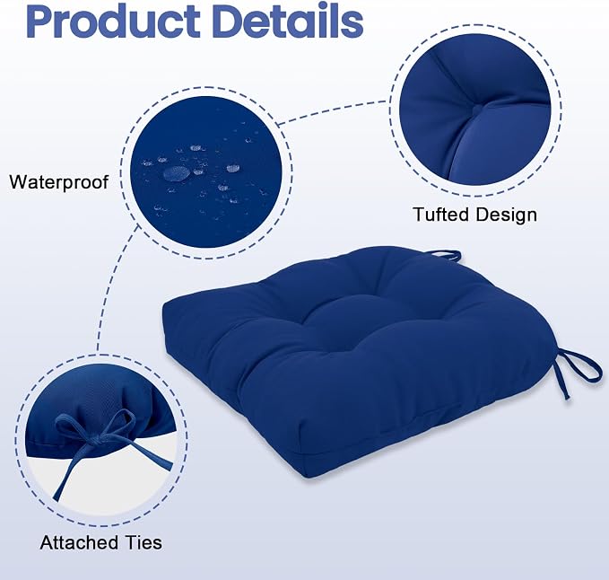 idee-home Outdoor Chair Cushions Set of 2, Patio Seat Cushions | Tufted Thick 19 x 19 x 5 Inch Cushions for Outdoor Furniture Waterproof with Ties, Dining Pads Dark Cerulean