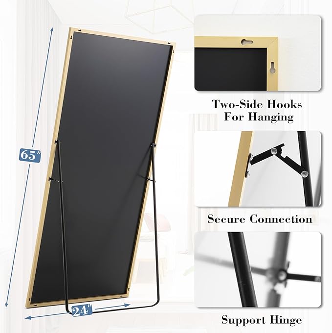 DUMOS Full Length Mirror with Stand 24"x65" Floor Standing Aluminum Frame for Bedroom Body Hanging Leaning Modern Simple Home Decor Shatter-proorf Nano Glass Wall Living Room Cloakroom, Gold