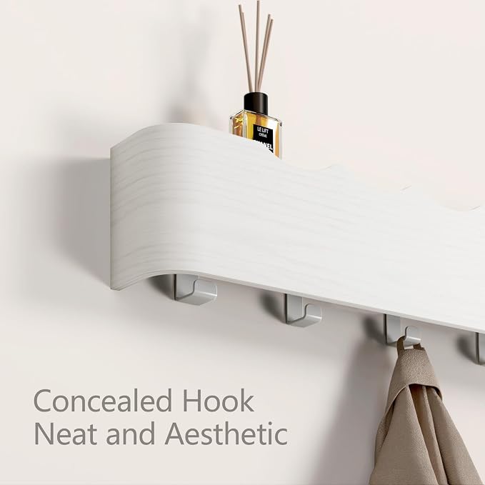 Wall Mounted Coat Rack with Shelf, Wooden Entryway Organizer with Hidden Metal Hooks for Hanging Coats Bags Keys, Modern Floating Shelf for Hallway Bathroom