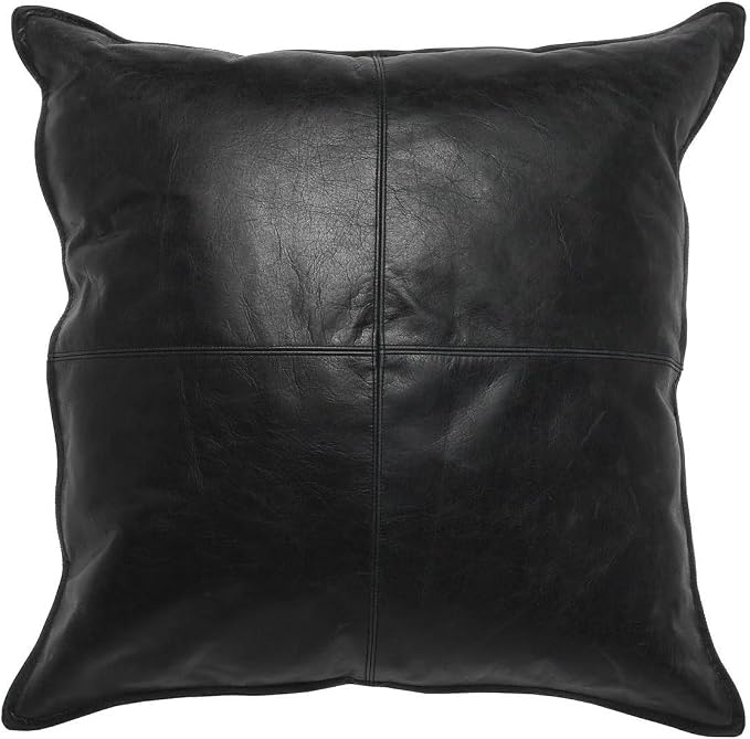 Genuine Leather Pillow Cover Case for Lumbar Throw Couch Pillows - Farmhouse Decorative Modern Sofa Thick & Soft Cushion Covers (Black, 22" x 22")