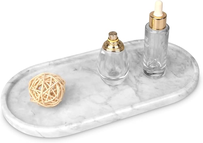 Oval Marble Bathroom Vanity Tray, Natural Luxury Marble Home Kitchen Bathroom Table Tray, Stone Decorative Countertop Tray for Coffee Perfume Jewelry (Light Grey, 12" x 6" x 0.8")
