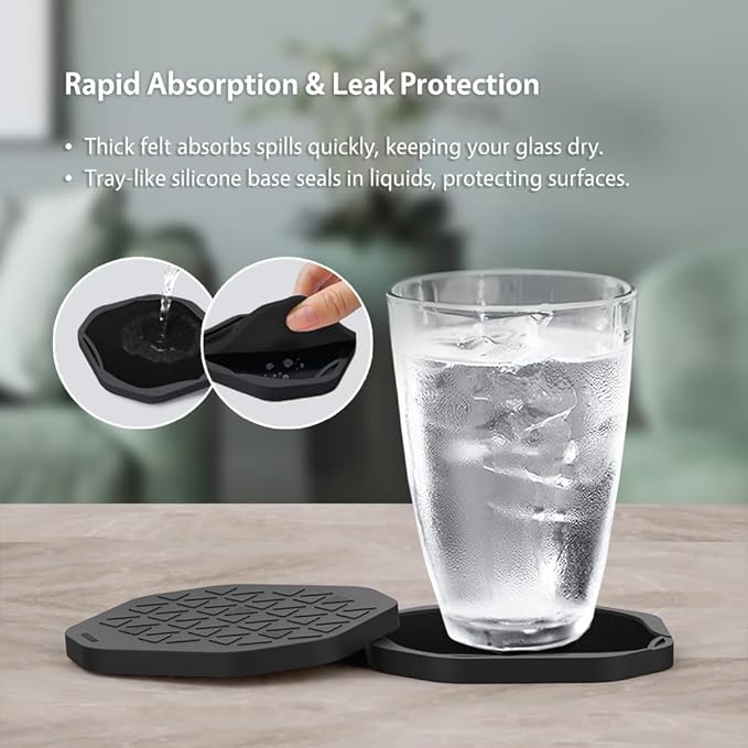 UMIRRO Black Octagon 4" Felt & Silicone Drink Cup Coasters Set of 6 with Holder - Super Absorbent, Built-in Leak Protection, Non-Stick, Modern Coasters for Coffee Table, Desk & Home Decor