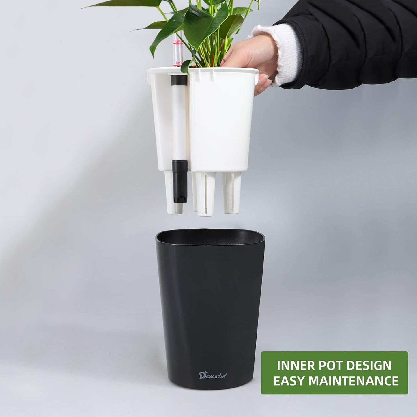 Dexceder 6x7 Self Watering Planter Indoor Outdoor, High Gloss Table Flower Plant Pot with Water Level Indicator (Black)