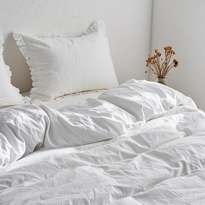 Simple&Opulence 100% Linen Duvet Cover Set, Natural French Flax White Ruffle Duvet Cover Twin Size, Breathable Comfy Linen Bedding Comforter Cover with 1 Pillowcase (White, 68" x 86")