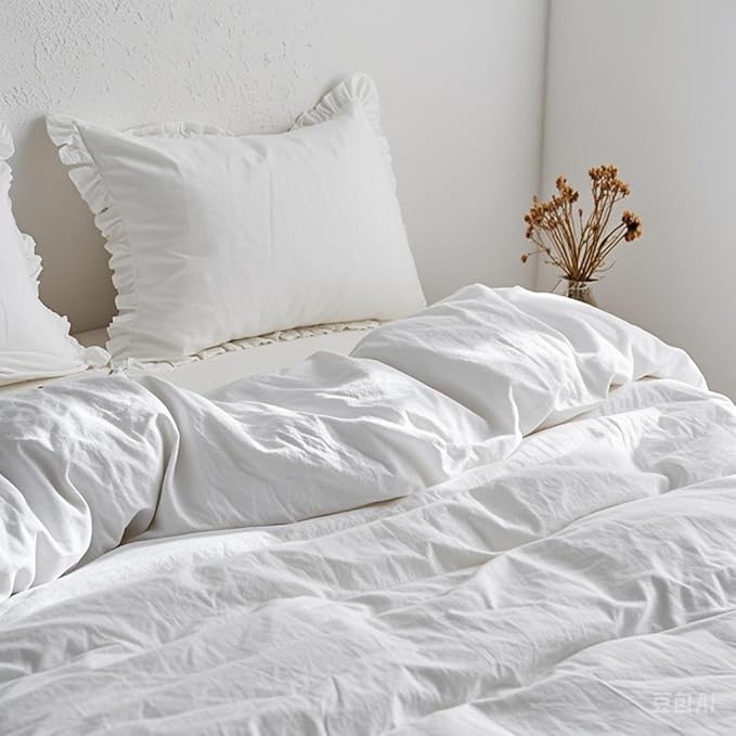 Simple&Opulence 100% Linen Duvet Cover Set, 3 PCS Natural French Flax White Ruffle Duvet Cover Full Size, Breathable Comfy Linen Bedding Comforter Cover with 2 Pillowcases (White, 78" X 86")