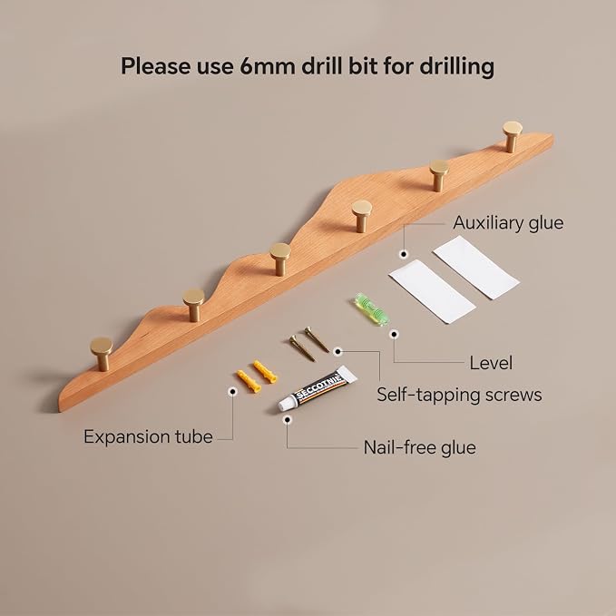 Elegant Wall Coat Rack with Hooks Cherry Wood Solid Coat Hanger Wall Mount with 6 Brass Hooks, Moisture-Resistant Wax Oil Finish for Home (Cherry, 6 Hooks)