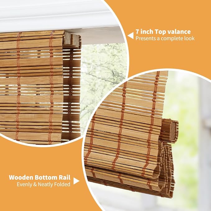 SMONTER Bamboo Roman Shades for Windows-Cordless Wooden Woven Blinds Light Filtering Bamboo Roll up Shades UV Protection and Easy Set up for Door and Countryhouse, 34" W x 64" H, Deer