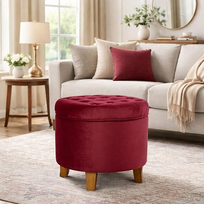 HomePop 19" Velvet Button Tufted Round Storage Ottoman - Burgundy