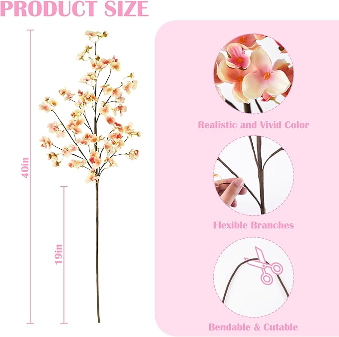 Uieke 3PCS Silk Cherry Blossom Branches, 40.5in Artificial Cherry Blossom Flowers Long Stems Fake Flowers Arrangements for Tall Vase Wedding Home Spring Japanese Decor, Yellow Pink