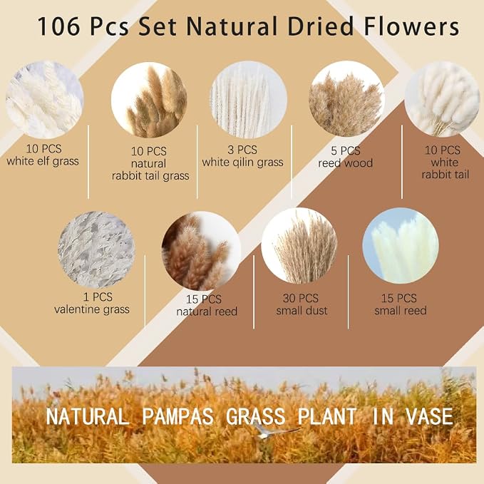 106pcs Artificial Flowers in Vase Natural Dried Pampas Grass Decor with Vase Boho Home Decor Bouquet Bunny Tails Dried Flowers, Reed Grass Bouquet for Wedding Floral Arrangements (106pcs)