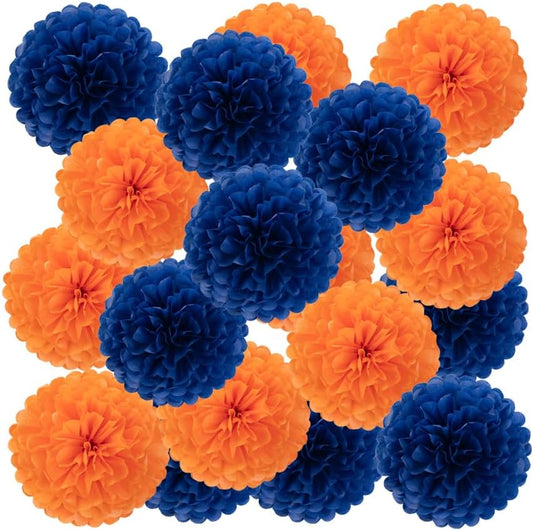 MISU Orange Navy Blue Tissue Paper Pom Poms Party Decorations Paper Flowers, 10 Inch, Pack of 18