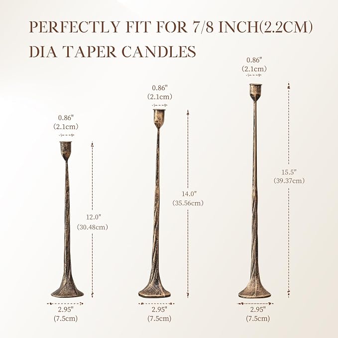 Set of 3 Candle Stick Holders, Iron Antique Gold Candlestick Holders, Fits 3/4 inch Thick Candles, Tapered Candle Holders Tall Set for Dining Table, Wedding, Home Decoration