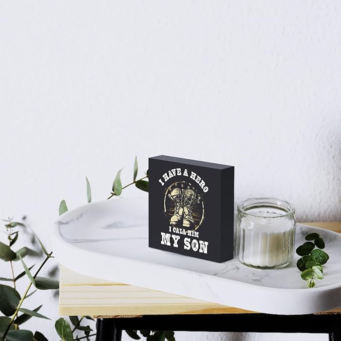 Woght Son Gifts Wooden Box Sign Plaque I have a Hero Call Him My Son Wood Box Sign Rustic Art Home Shelf Desk Decor 5 X 5 Inches