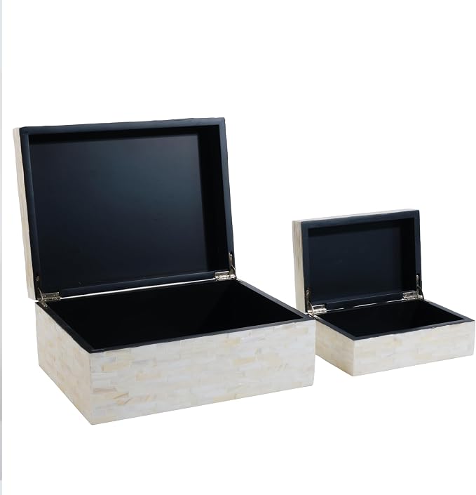 PEMAR Set of 2 Handmade Mother of Pearl Decorative Boxes with Hinged Lids, Ivory Shell Mosaic Keepsake Boxes, White Decorative Boxes for Coffee Table, Shelves, Bedroom & Home Décor & Gifts