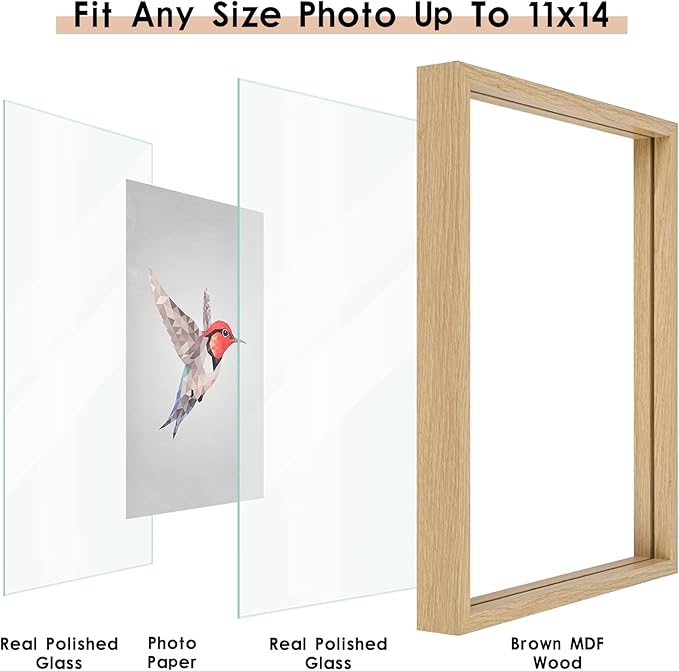 MUYE 11x14 Floating Frame Set of 2,Double Glass Rustic Frame,Display Any Size Photo up to 11x14,Wall Mount or Tabletop Standing,Natural