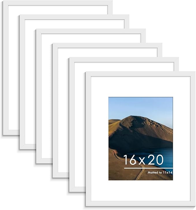 PEALSN 16x20 Picture Frame Set of 6, Display Pictures 11 x 14 with Mat or 16 x 20 without Mat for Wall Mounting Display, Poster Frames Collage for Wall Decor, White
