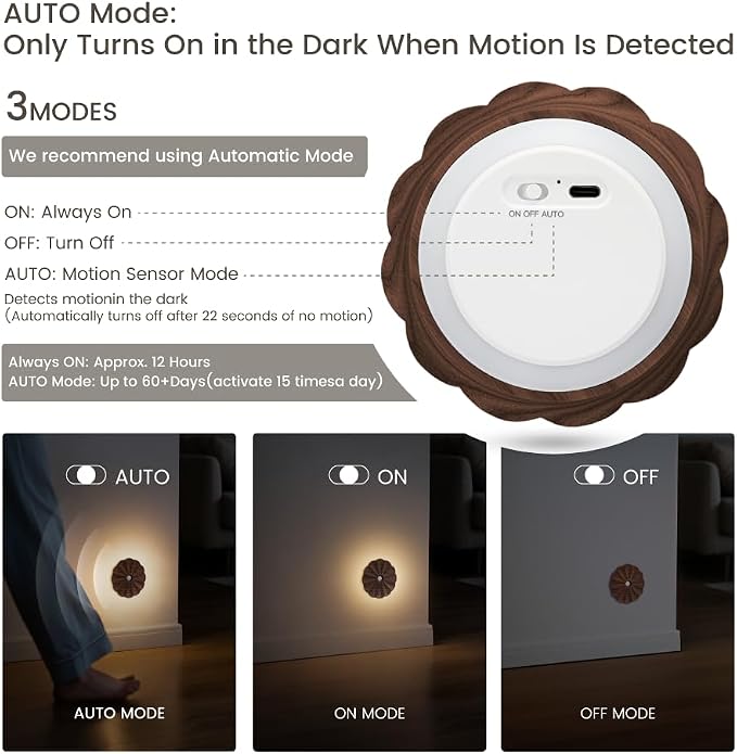 Motion Sensor Night Light, Wooden Flower Lights, USB Rechargeable Magnetic Stick-On Lights for Stairs, Hallway, Bedroom, Indoor Pathway, Motion Sensor Light Indoor (2 Pack Black Walnut)