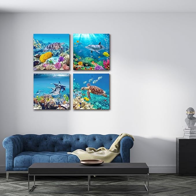 MHARTK66 Canvas Wall Art - Coral and Fish Modern Home Decor Stretched and Framed Ready to Hang Ocean Theme Sea fish and sea turtles Mediterranean Style Canvas Prints The bathroom wall decor- 4 Panels