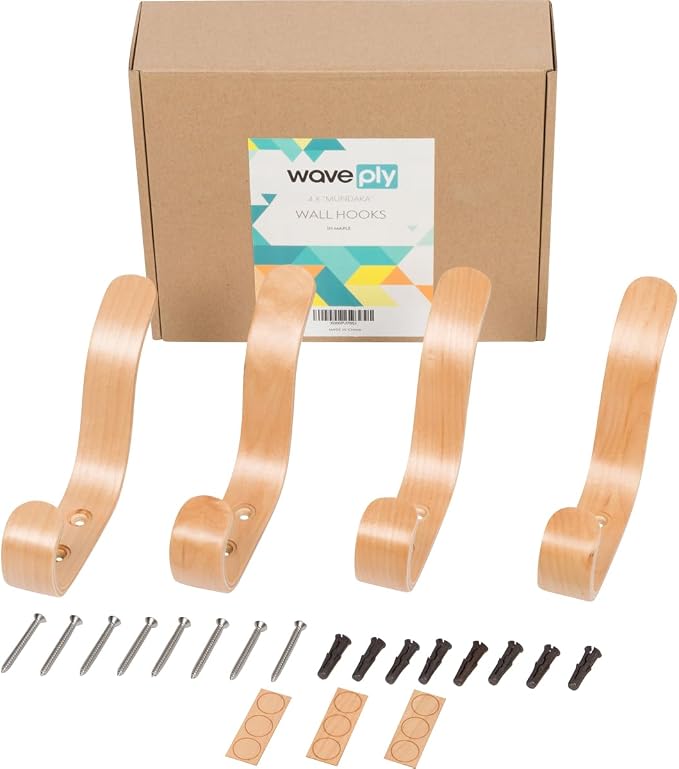 Plywood Wall Hooks Set of 4 Wood Coat Rack Hanging Clothes Hats Robes Towels (Maple)